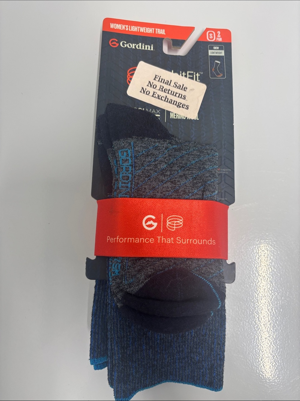 Gordini Women's 2 pair pack lightweight trail crew sock blue and gray small NWT